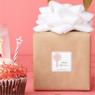 Pink Lace Girl Baptism Personalized Square Sticker