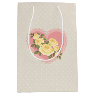 Pink Lace Heart and Yellow Rose Medium Gift Bag