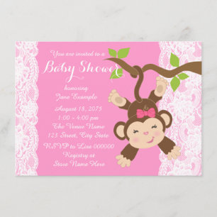 Pink Lace Monkey Baby Girl Shower Invitation