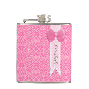 Pink Lace Pattern With Ribbon Bow Design and Name Hip Flask