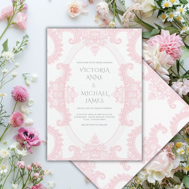 Pink Lace Whimsical Vintage Wedding  Invitation (Creator Uploaded)