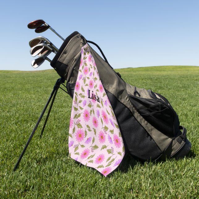 Pink Lacy Daisy Personalized Golf Towel (Green)