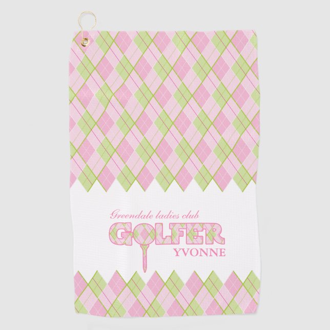 Pink ladies golfer argyle personalized towel (Front)