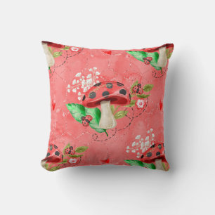 Pink Lady Bug And Mushroom Pattern Throw Pillow