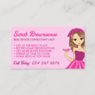 Pink Lady Cartoon Elegant Mortgage Broker Realtor Business Card