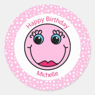 Pink Lady Face Personalized Birthday Classic Round Sticker