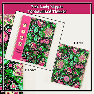 Pink Lady Slipper Flowers on Black Personalized Planner