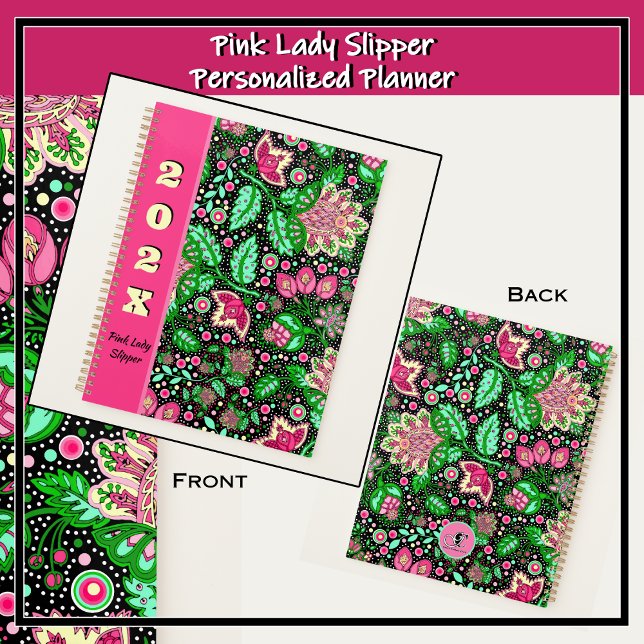 Pink Lady Slipper Flowers on Black Personalized Planner (Bold pink and green modern folk art design featuring delicate pink lady slipper flowers. )