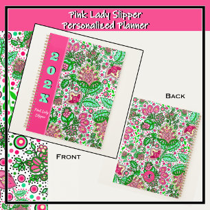 Pink Lady Slipper Flowers on White Personalized Planner