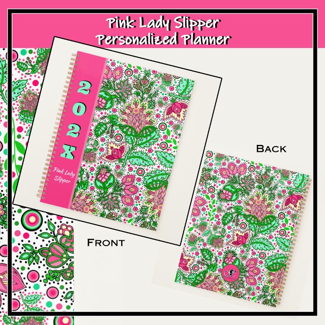 Pink Lady Slipper Flowers on White Personalized Planner (Bold pink and green modern folk art design featuring delicate pink lady slipper flowers.)