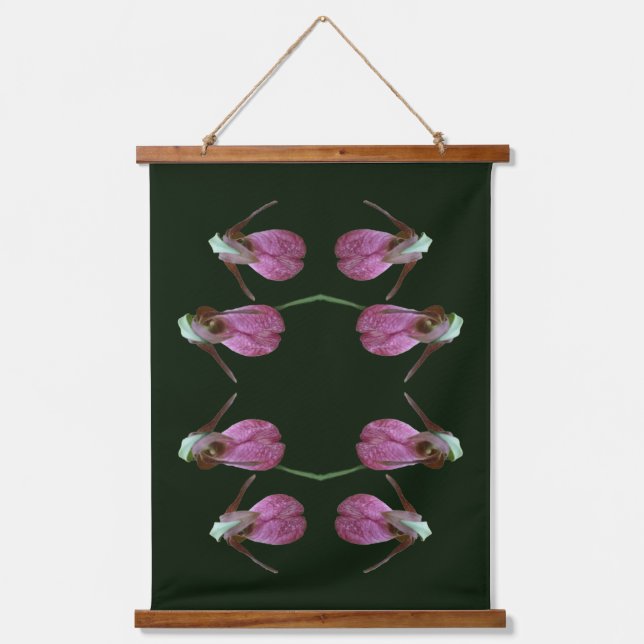 Pink Lady Slipper Orchid Flower Pair Abstract Hanging Tapestry (Front)