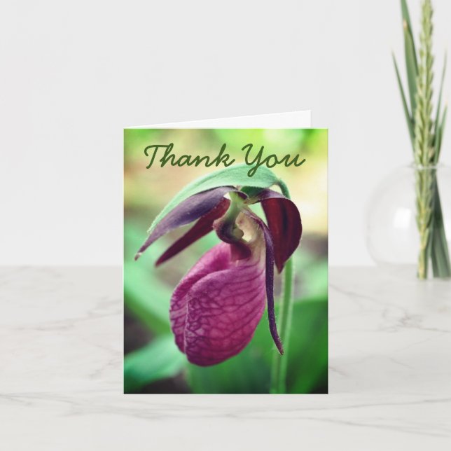 Pink Lady Slipper Orchid Flower Thank You Card (Front)