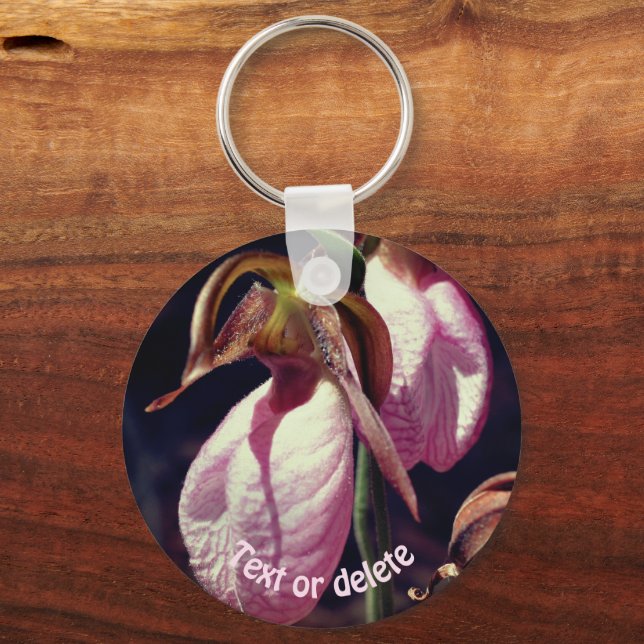Pink Lady Slipper Orchid Flowers Personalized Keychain (Front)