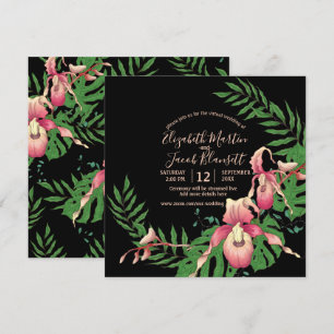 Pink Lady Slipper Orchid on Black Virtual Wedding Invitation
