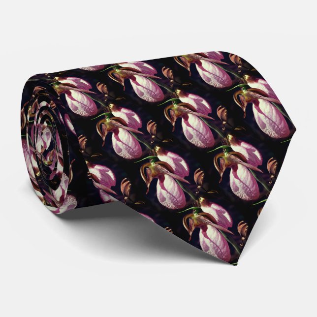 Pink Lady Slipper Orchid Pair Flower Nature  Tie (Rolled)
