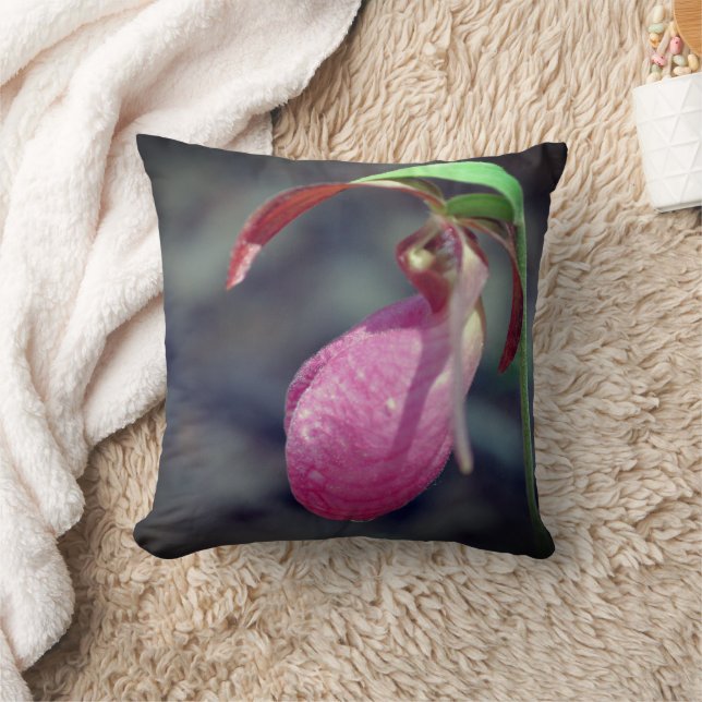 Pink Lady Slipper Orchid Raindrop   Throw Pillow (Blanket)