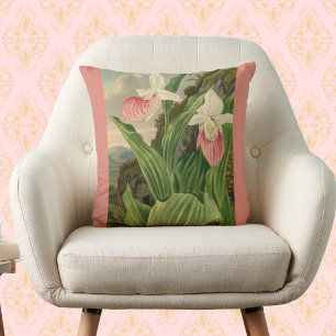 Pink Lady Slipper Vintage Floral Orchid Botanical Throw Pillow