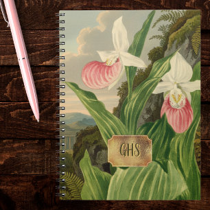 Pink Lady Slipper Vintage Floral Orchid Monogram Notebook