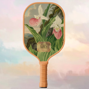 Pink Lady Slipper Vintage Floral Orchid Monogram Pickleball Paddle