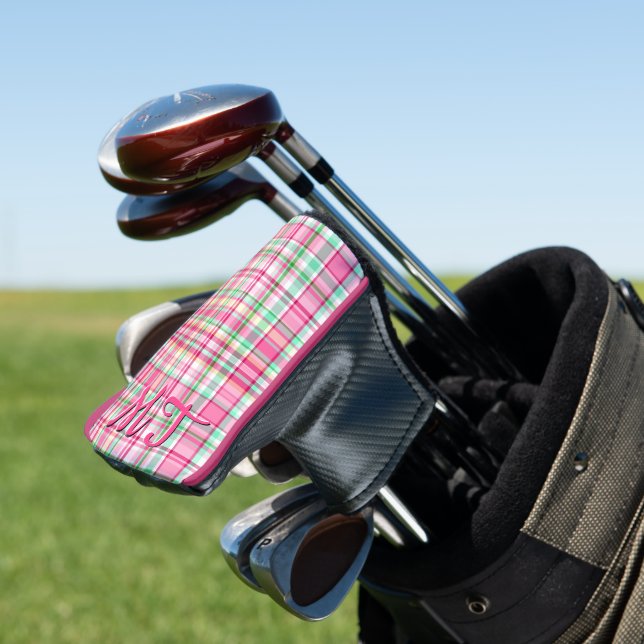 Pink Lady Slipper Wildflower Plaid Pink and Green Golf Head Cover (In Situ)