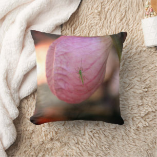Pink Lady Slipper With Visiting Green Insect   Throw Pillow