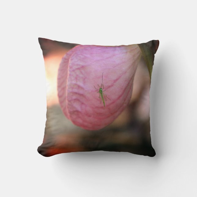 Pink Lady Slipper With Visiting Green Insect   Throw Pillow (Front)
