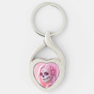 Pink Lady Sugar Skull Keychain