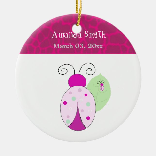 Pink Ladybug Baby First Christmas Ceramic Ornament (Front)