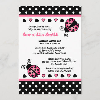 Pink Ladybug Baby Shower Black & White Polka Dots Invitation