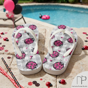 Pink Ladybug Gingham Kids Flip Flops