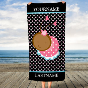 Pink Ladybug Hearts Custom Name and Last Name Beach Towel
