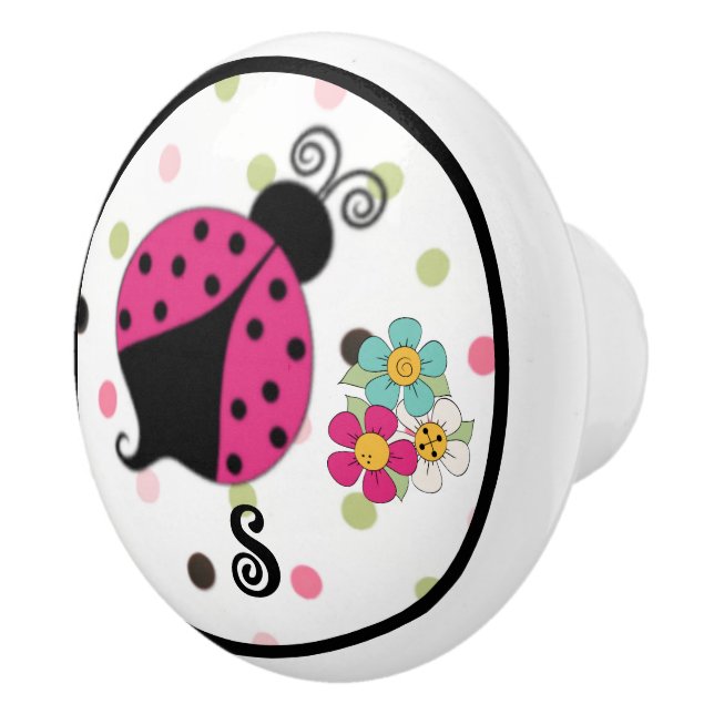 Pink Ladybug Monogram Ceramic Knob (Right)