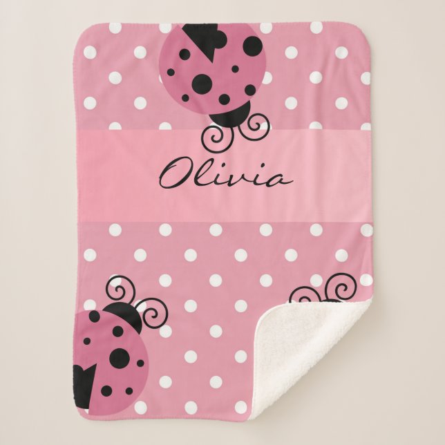 Pink Ladybug Personalized Sherpa Blanket (Front)