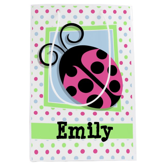 Pink Ladybug, Pink, Blue, Green, Polka Dots Medium Gift Bag (Front)