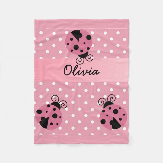 Pink Ladybug Polka Dot Personalized Fleece Blanket (Front)
