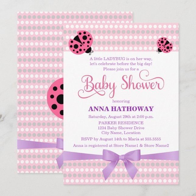Pink Ladybug With Lavender and Silver Baby Shower Invitation (Front/Back)