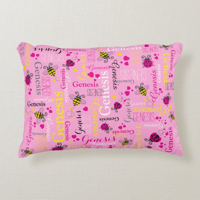 Pink ladybugs bees hearts girls custom name accent pillow (Front)