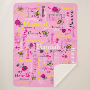 Pink ladybugs bees hearts girls custom name sherpa blanket