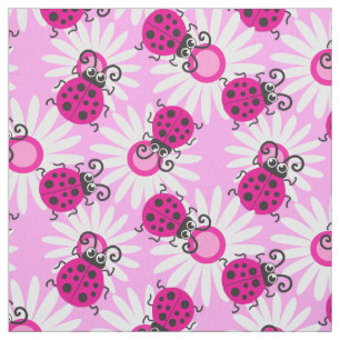 Pink ladybugs ladybirds flowers graphic pattern fabric