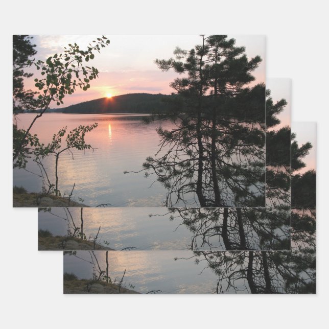 Pink Lake Sunset with Trees Wrapping Paper Sheet (Set)