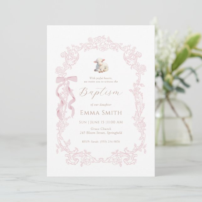 Pink Lamb Elegant Christian Girl Baptism Invitation (Standing Front)
