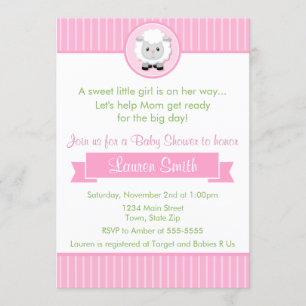 Pink Lamb Girl Baby Shower Invitation 5x7 Card