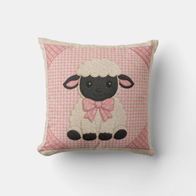 Pink Lamb Quilt Throw Pillow (Front)