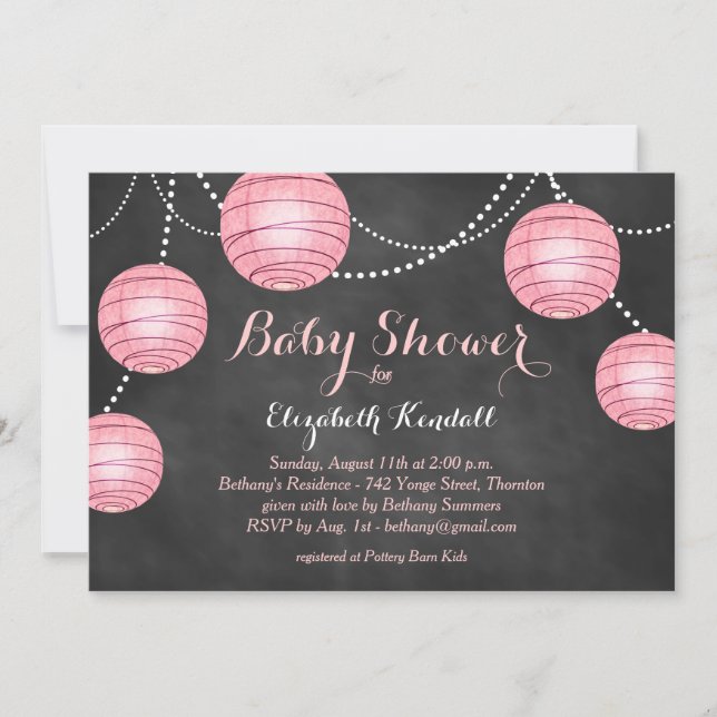 Pink Lanterns on Chalkboard Baby Shower Invitation (Front)