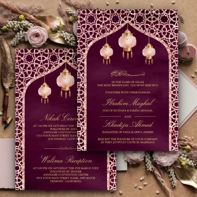 Pink Lanterns Plum Purple Rose Gold Muslim Wedding Invitation (Creator Uploaded)