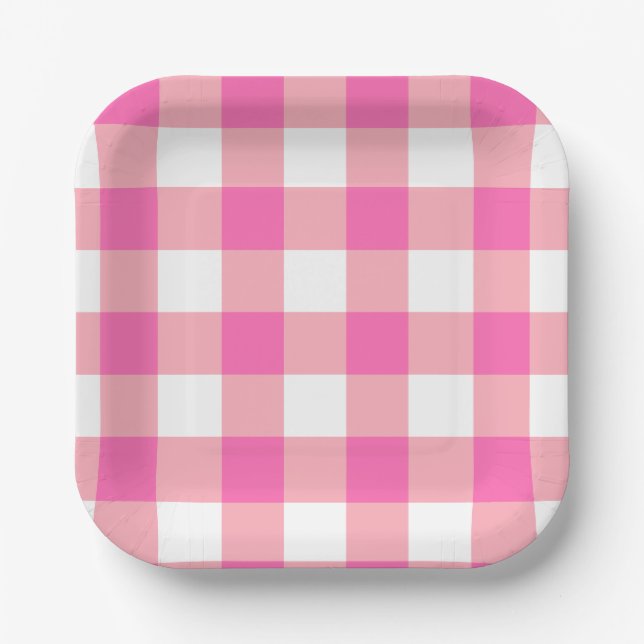 Pink Large Gingham Plaid Checks Paper Plate (Front)