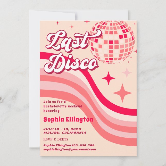 Pink Last Disco 70's Retro Bachelorette Weekend Invitation (Front)