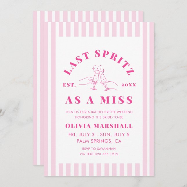 Pink Last Spritz as a Miss Bachelorette Weekend Invitation (Front/Back)