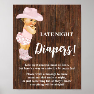 Pink Late Night Diapers Game Cowgirl Baby Shower Poster