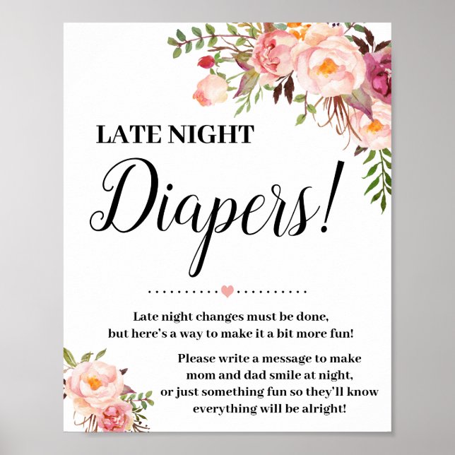 Pink Late Night Diapers game sign Baby shower (Front)